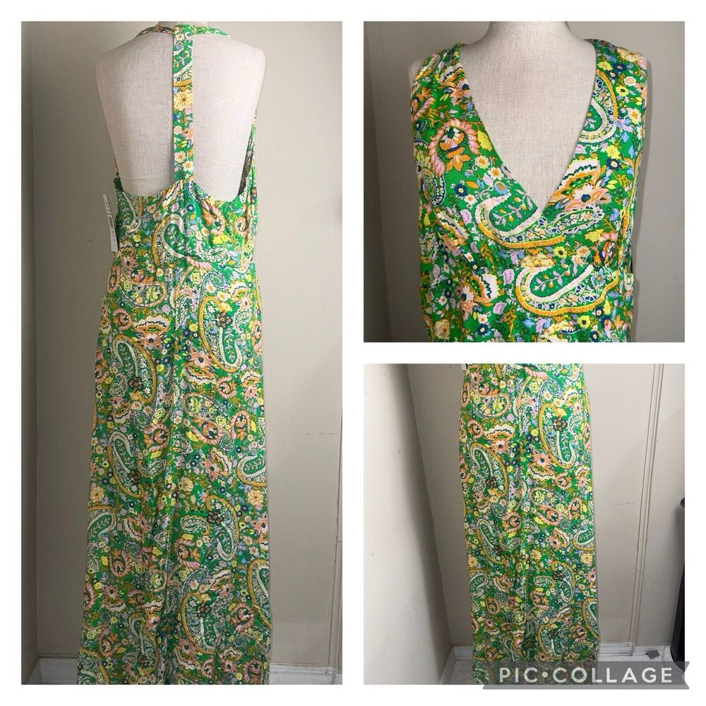 NWT MSK Halter Back Maxi Dress Green Orange Paisley Floral Maxi Dress Sz Large